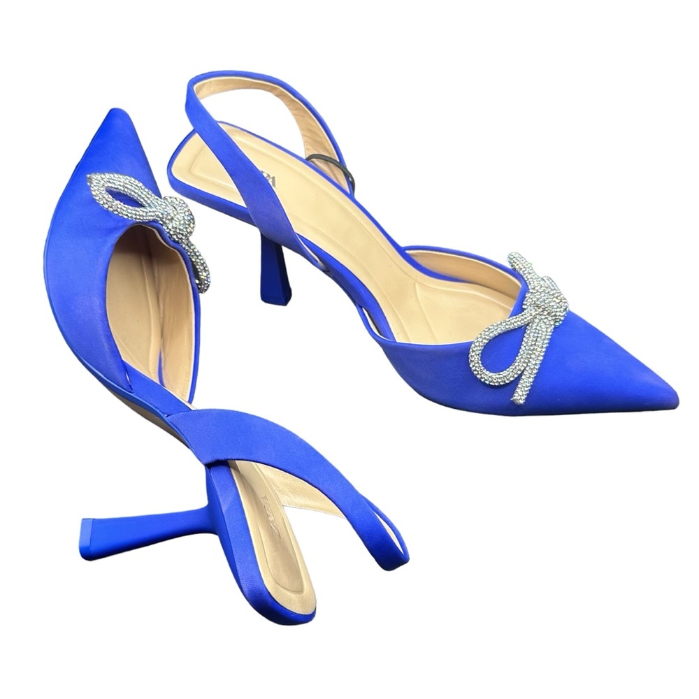 Zara Pointed Toe Slingback Heels with Rhinestone Bow Blue US Size 10 NWOT